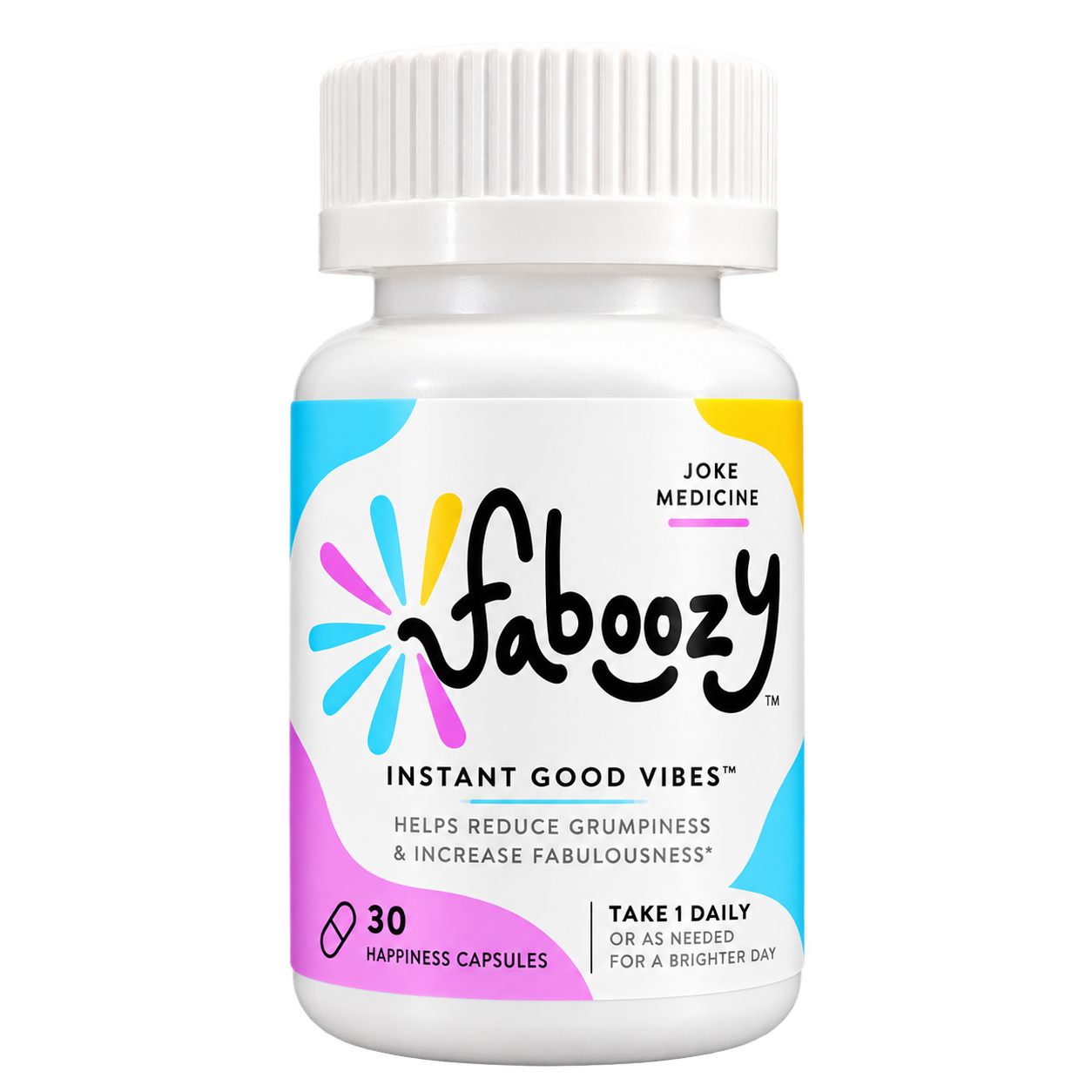 Faboozy Instant Good Vibes joke medicine bottle, with a cyan, pink, and yellow label